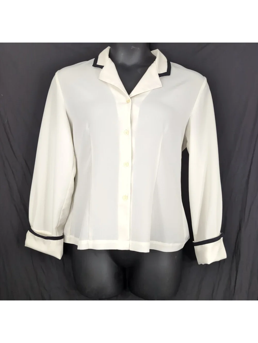 Chaus Off White Shirt Size 10 Black Trim Piping Vintage Nautical Secretarial